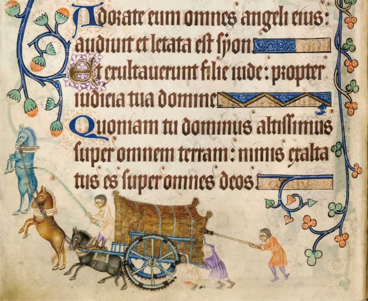 描绘农民乘坐收割庄稼的大车旅行的手抄本页边绘。叛乱迅速蔓延的一个重要原因是叛军能够在乡村快速行动，他们要么骑马，要么乘大车。