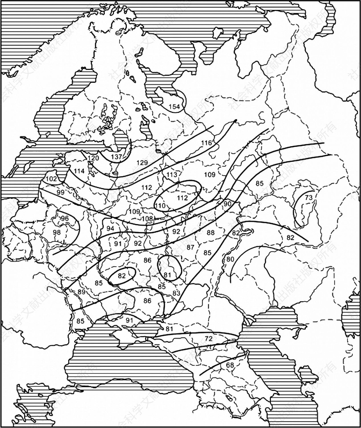 图6 1909～1913年秋季黑麦等价曲线图